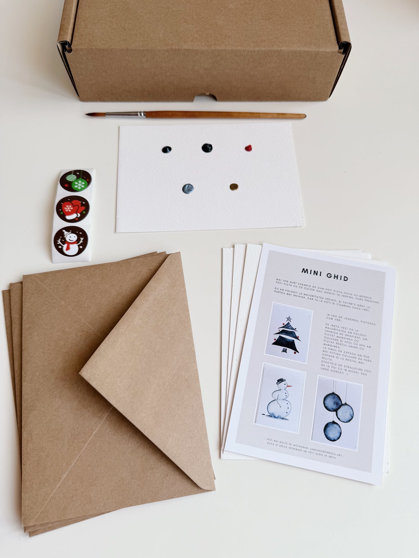 Set pictura 3 Cadouri de Craciun - Pictura pe numere in acuarela  - Handmade - Materiale profesionale + plicuri pentru cadou