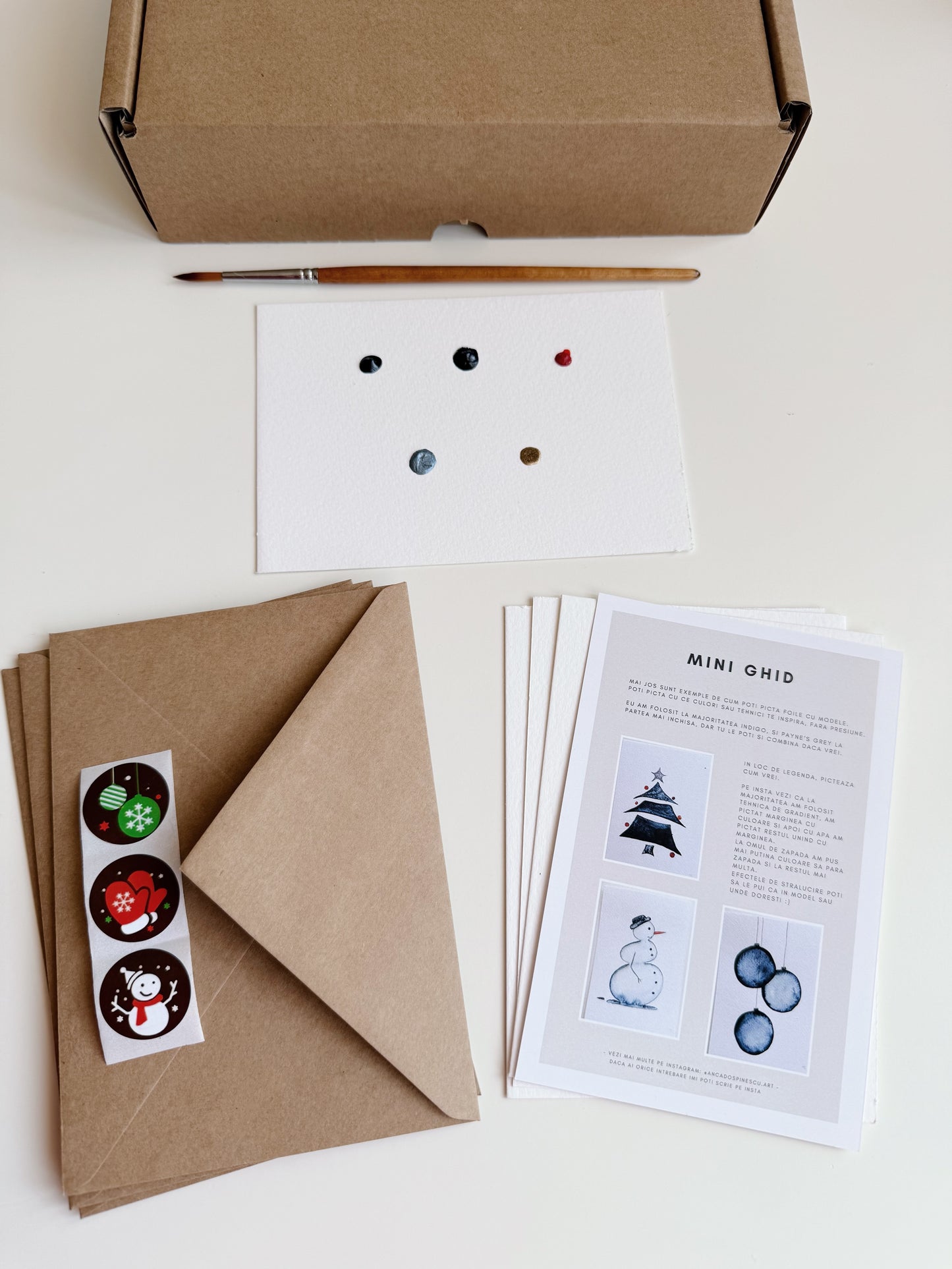 Set pictura 3 Cadouri de Craciun - Pictura pe numere in acuarela  - Handmade - Materiale profesionale + plicuri pentru cadou