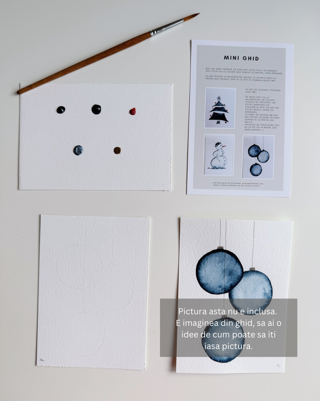 Set pictura 3 Cadouri de Craciun - Pictura pe numere in acuarela  - Handmade - Materiale profesionale + plicuri pentru cadou