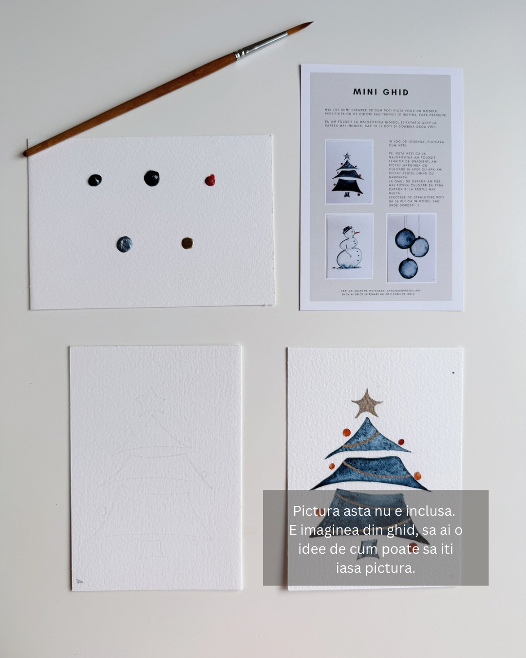 Set pictura 3 Cadouri de Craciun - Pictura pe numere in acuarela  - Handmade - Materiale profesionale + plicuri pentru cadou