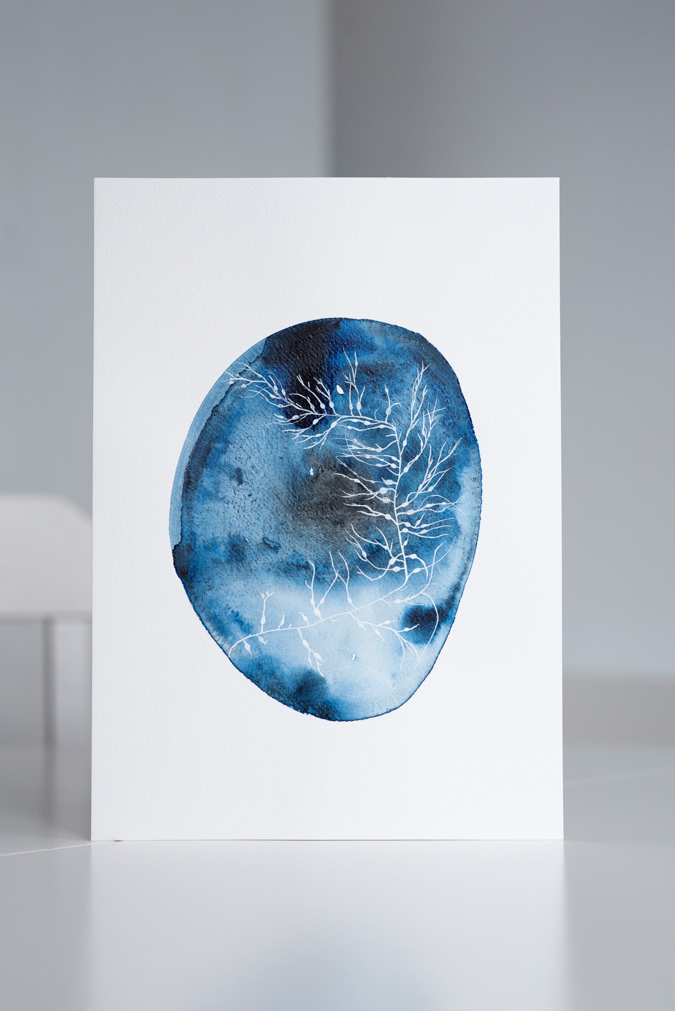 A4 Original - Plante albe indigo abstract pictură acuarelă - A101