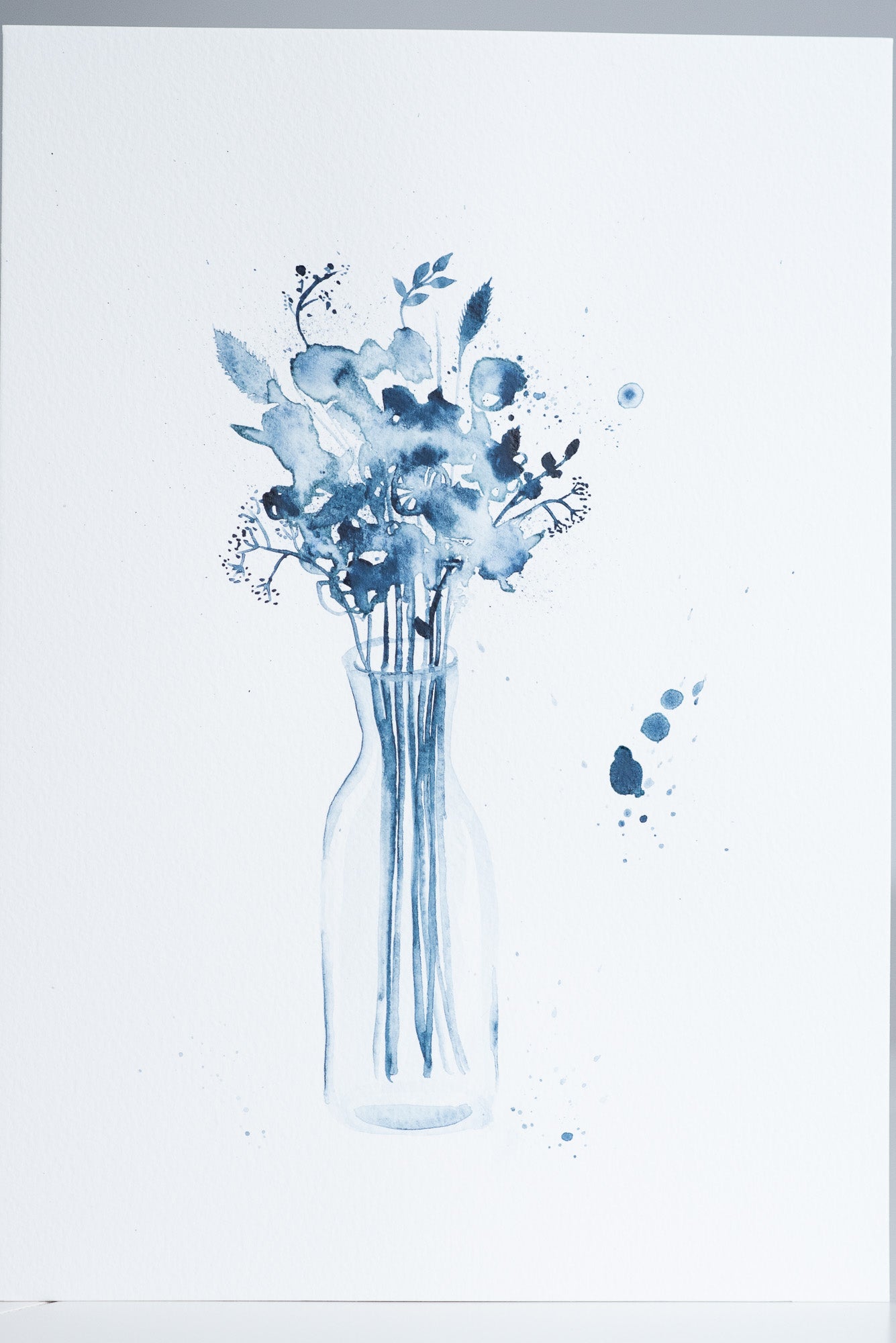 A4 Original - Vază cu flori indigo pictură acuarelă - A102