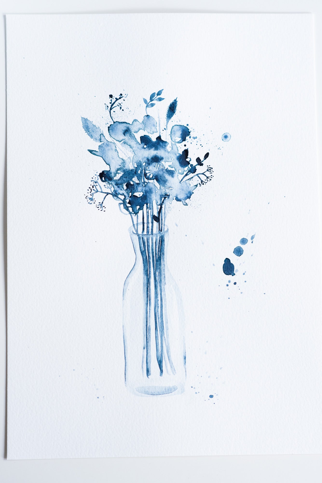 A4 Original - Vază cu flori indigo pictură acuarelă - A102