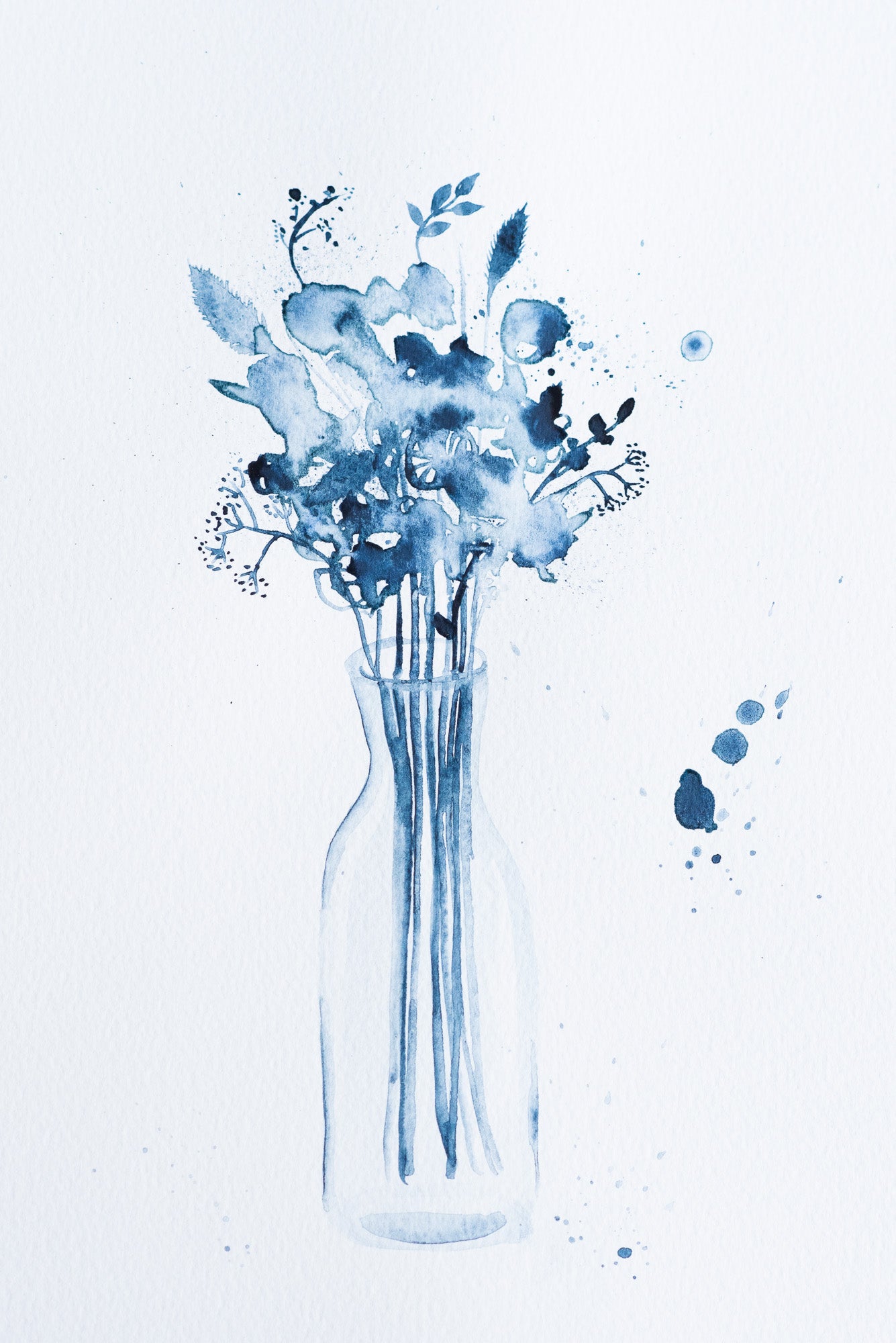 A4 Original - Vază cu flori indigo pictură acuarelă - A102