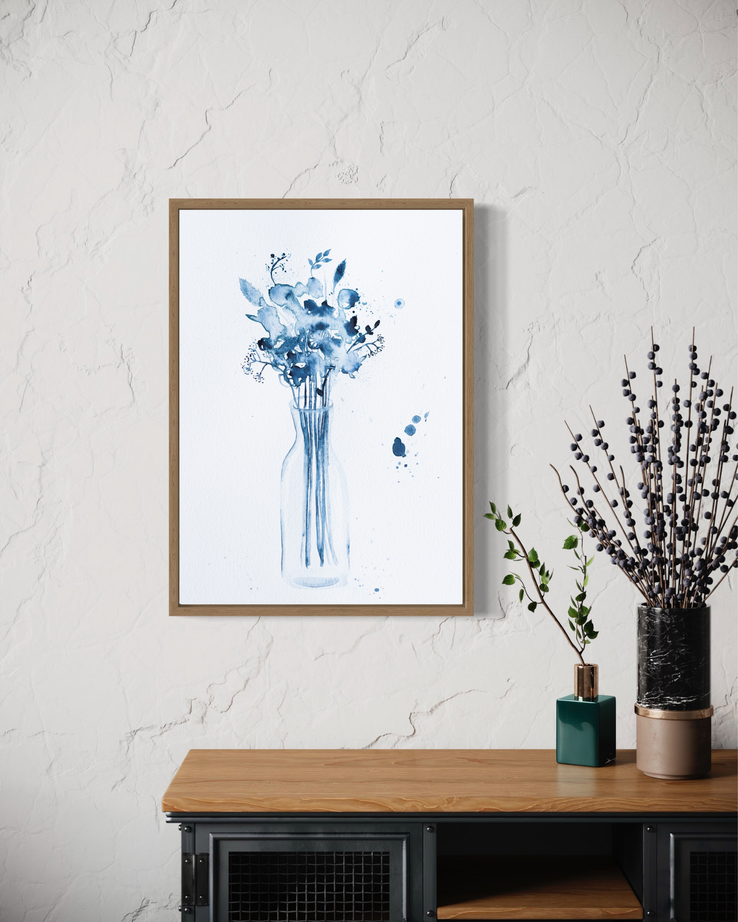 A4 Original - Vază cu flori indigo pictură acuarelă - A102